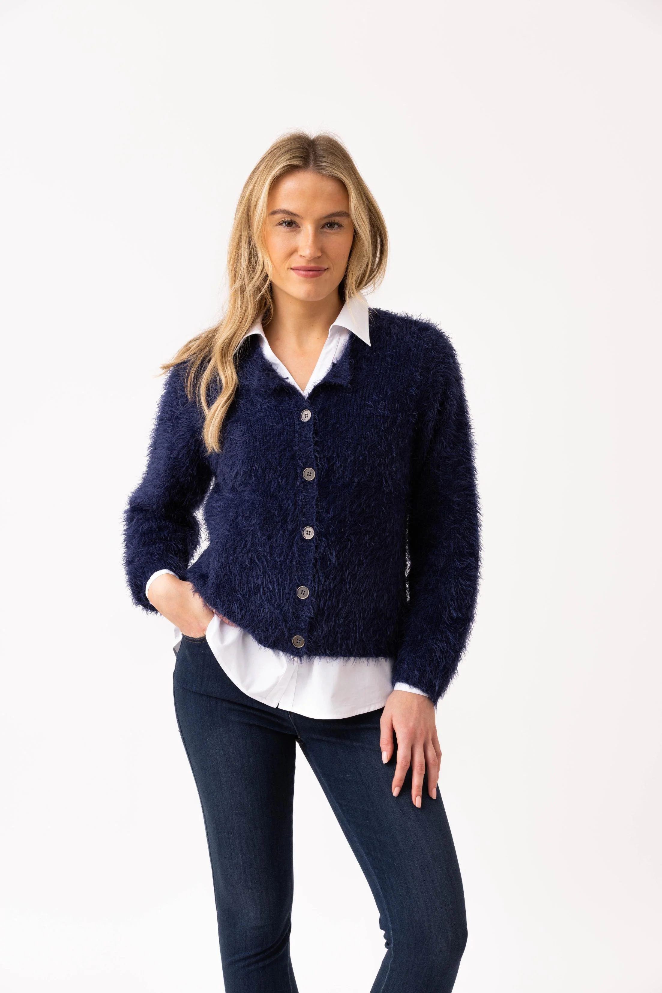 M me eme Feather knit cami cardigan Blue エムミーエメ Feather knit